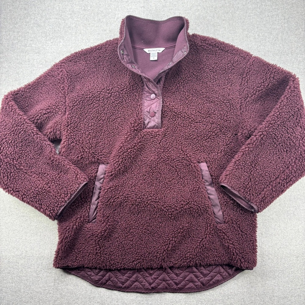 Athleta Cozy Sherpa Snap Sweatshirt Burgundy Fleece Pullover Quilted Size Medium
